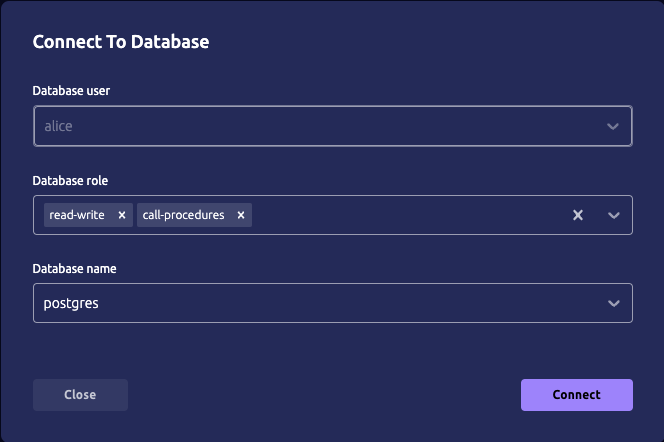 PostgreSQL connect modal with database roles