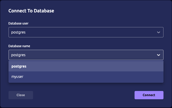 PostgreSQL connection form modal